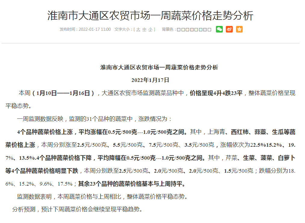 淮南市大通区农贸市场一周蔬菜价格走势分析