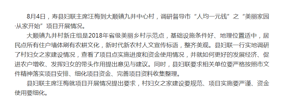 淮南寿县妇联督导市人均一元钱项目