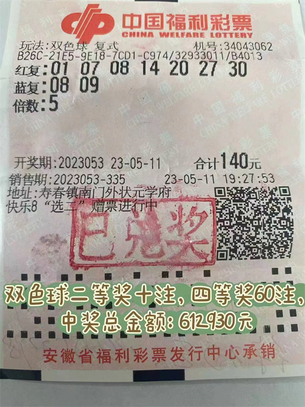 淮南彩民喜获10注双色球二等奖