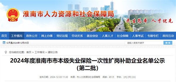 2024年度淮南市市本级失业保险一次性扩岗补助企业名单公示（第二批）