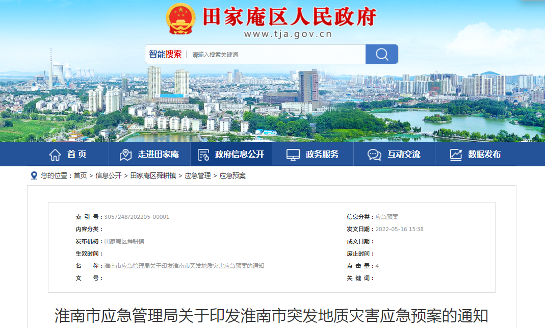 淮南市应急管理局关于印发淮南市突发地质灾害应急预案的通知