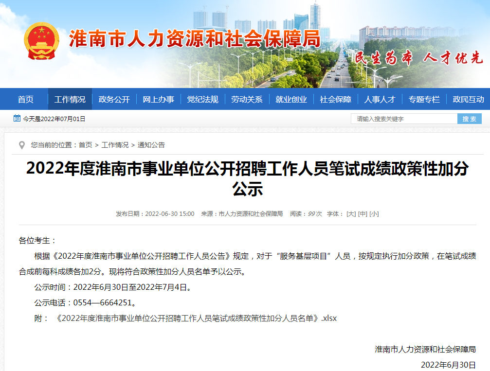 淮南2022年度市事业单位公开招聘工作人员笔试成绩政策性加分公示