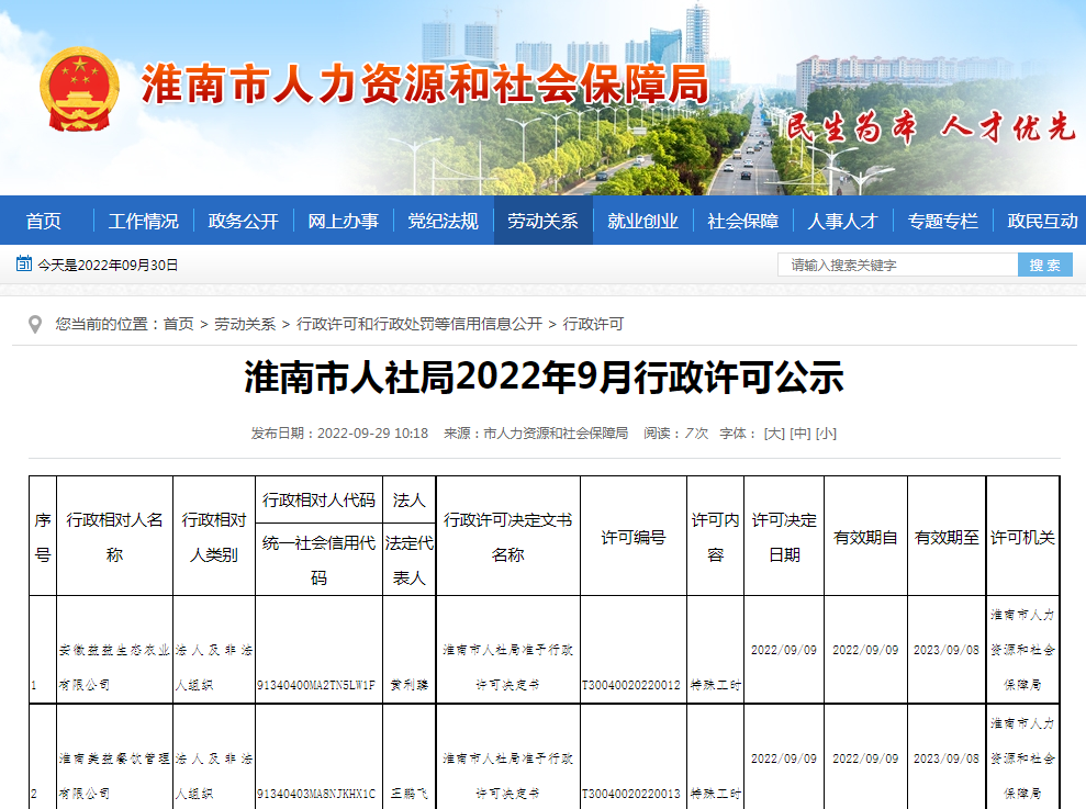 淮南市人社局2022年9月行政许可公示