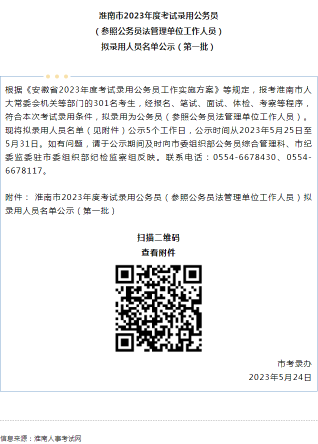 淮南市2023年度考试录用公务员拟录用人员名单公示（第一批）